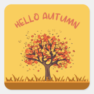 Custom "Hello Autumn" Colourful Fall Leaves Square Sticker