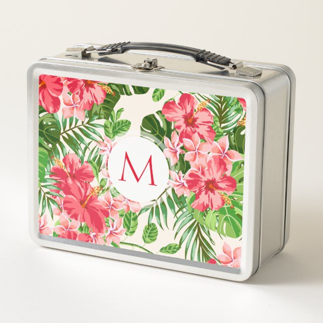 Custom Hibiscus Flower Monogram Metal Lunchbox (Front)