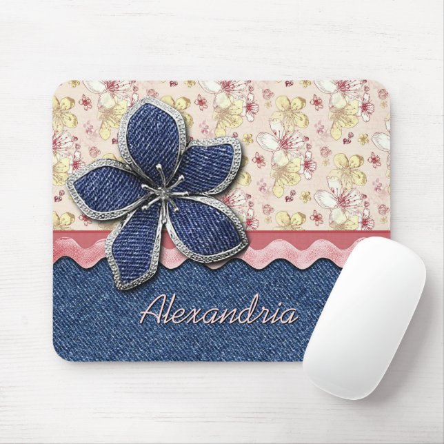 Custom Hip Denim Jeans Cute Pastel Floral Pattern Mouse Pad (With Mouse)