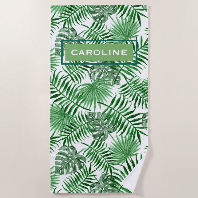 Custom Hip Retro Tropical Green Palm Leafs Pattern Beach Towel (Front)