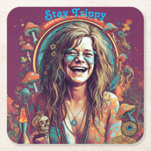Custom Hippie Boho Stay Trippy Vibes Personalize Square Paper Coaster