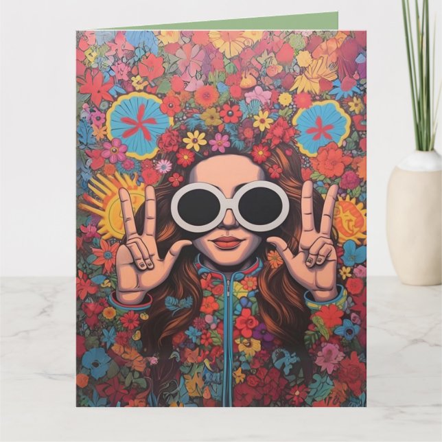 Custom Hipster Bright Floral Finger Peace Sign Card (Front)