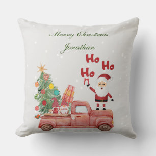 Custom Ho Ho Ho Santa on a red truck in the snow Throw Pillow