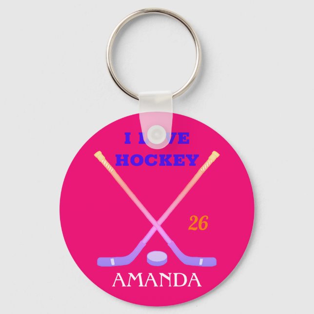 Custom Hockey Girl Cute Pastel Ombre Sticks/Puck Keychain (Front)