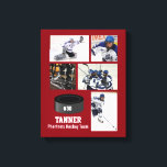 Custom Hockey Photo Collage Team Name Your Text Canvas Print<br><div class="desc">This hockey collage features your 5 photos and your player's name or team name and add a number too. Change the background colour to match your team's colours. A great way to celebrate the season and your player's hard work. Makes a thoughtful coach's gift too. Check out our other hockey...</div>