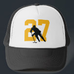 Custom Hockey Player Number Black and Gold Yellow Trucker Hat<br><div class="desc">get your hockey number on a trucker hat in black and gold</div>