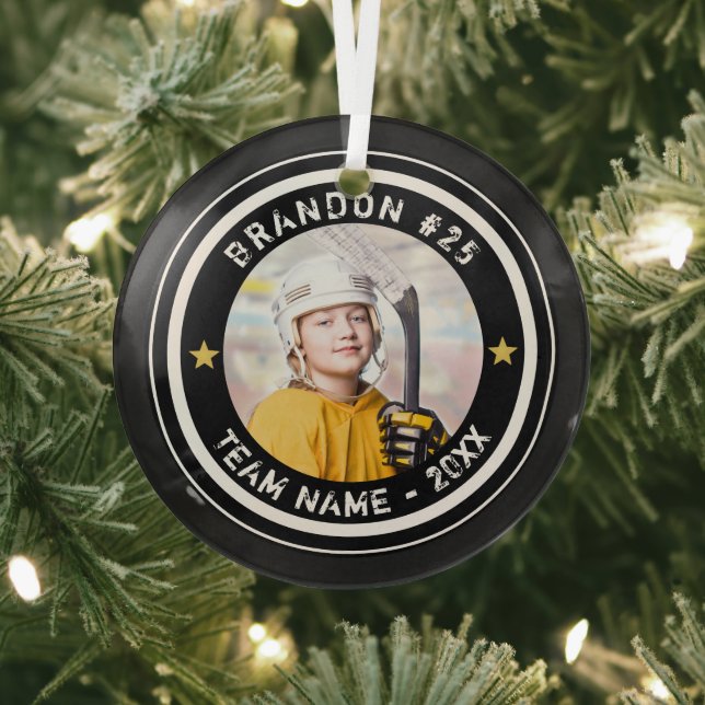 Custom Hockey Player Number Photo Your Colour Glass Ornament (Insitu)