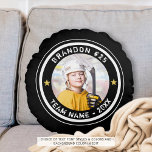 Custom Hockey Player Number Photo Your Colour Round Pillow<br><div class="desc">Create a custom personalized photo keepsake throw pillow of your favourite hockey player (or any sport). The design features a photo, editable text (the sample suggests Player Name and Number and Team Name and Year) in white against your choice of background colour (shown in black) to change to a team...</div>