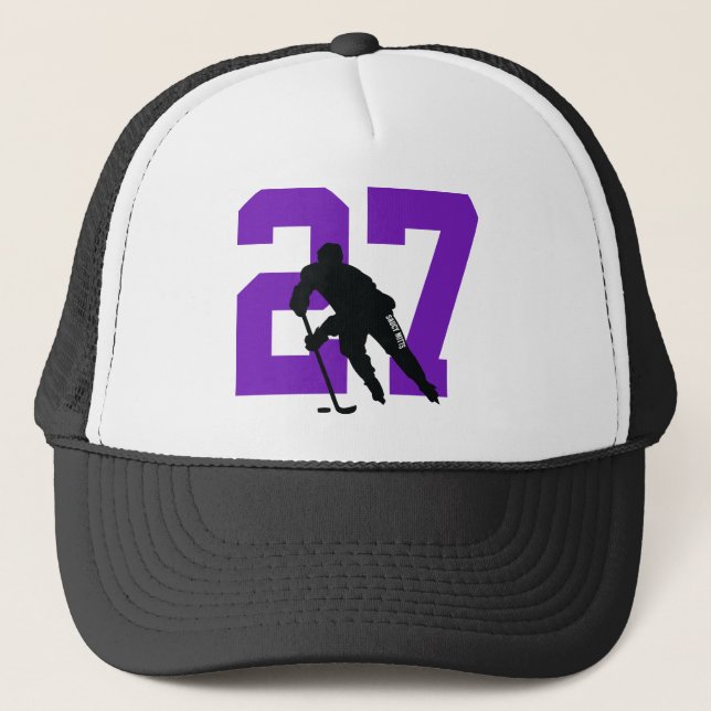 Custom Hockey Player Number Purple Trucker Hat (Front)