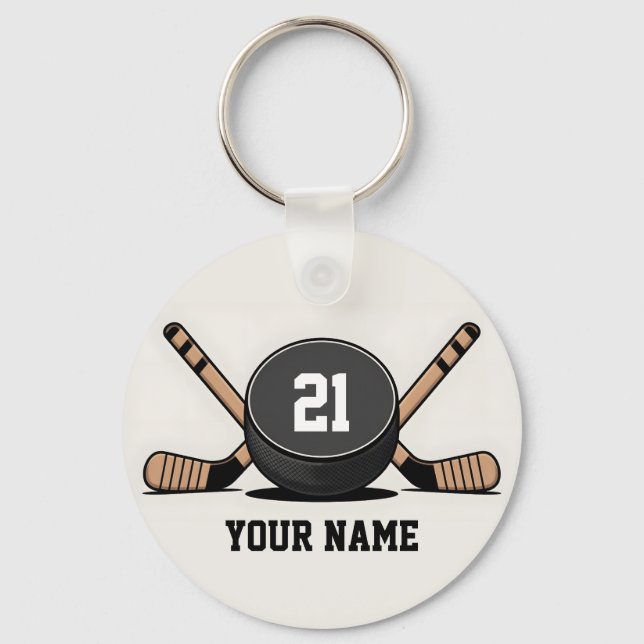 Custom Hockey Puck and Sticks Keychain (Front)