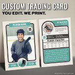 Custom Hockey Trading Card, Vintage Player Card<br><div class="desc">Hit the ice with this custom vintage-style ice hockey trading card in black and teal. Personalize with your player’s photo, stats, and details to create a one-of-a-kind keepsake. Perfect for hockey fans, players, youth leagues, coaches’ gifts, birthdays, and sports-themed parties. A fun way to celebrate the game and preserve memories...</div>