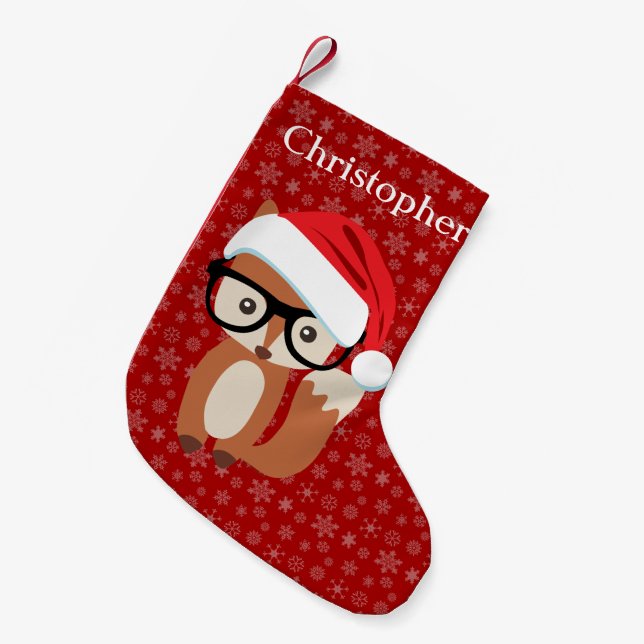Custom Holiday Fox Glasses Cute Animal Christmas Small Christmas Stocking (Front (Hanging))