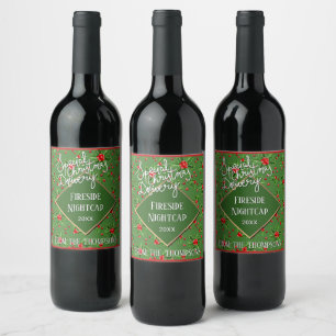 Custom Holiday Green Holly Leaves and Red Berries Wine Label