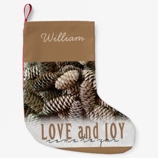 Custom Holiday Love and Joy Pine Cone Small Christmas Stocking (Front)
