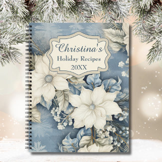 Custom Holiday Recipe Cookbook Floral Vintage Blue Notebook