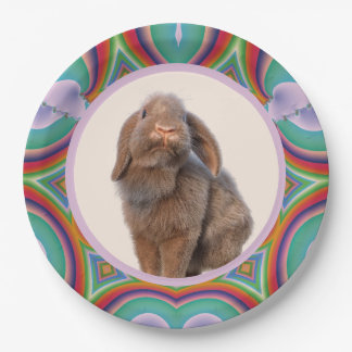 Custom Holland Lop Rabbit Photo Rainbow Art Paper Plate