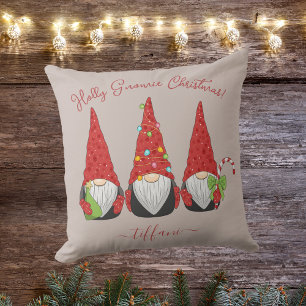 Custom Holly Gnomie Christmas Festive Gnomes Pink Throw Pillow