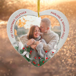 Custom Holly & Pine Silver Frame Photo 1st Xmas  Ceramic Ornament<br><div class="desc">Silver frame adorned with holly and pine ornament to display your own special memory. Heart shape is a perfect symbol for love. The bright and shiny silver border encircles your photos. The holly, pine and silk ribbon complete the whole design with a joyful atmosphere of the holiday season. Easily place...</div>