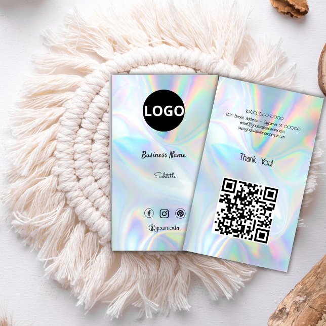 Custom Holographic opal stone Logo  Business Card (elegant,modern,rainbow,holographic,mineral opal,business card,qr code,professional business)