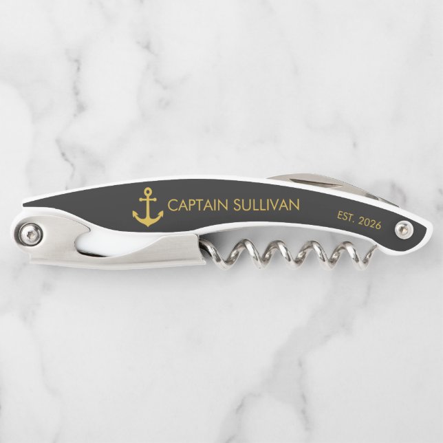 Custom Home Bar Monogram Black Gold Anchor Corkscrew (Front)