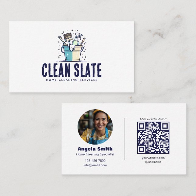 Custom Home Cleaning Service QR Photo Employee Business Card (Front/Back)