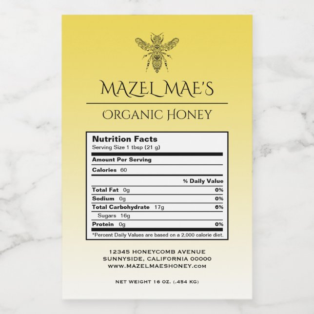Custom Homemade Honey Nutrition Labels (Single Label)