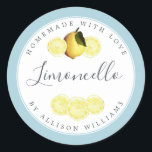 Custom Homemade Limoncello Label Blue Glow<br><div class="desc">Elegant and modern limoncello sticker label with the text limoncello, homemade with love and your name in chic script calligraphy and modern typography on a pastel blue glow background with a stylish touch of pretty watercolor lemon and lemon slices. Simply add your name or business. Exclusively designed for you by...</div>