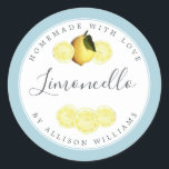 Custom Homemade Limoncello Label Blue Glow<br><div class="desc">Elegant and modern limoncello sticker label with the text limoncello, homemade with love and your name in chic script calligraphy and modern typography on a pastel blue glow background with a stylish touch of pretty watercolor lemon and lemon slices. Simply add your name or business. Exclusively designed for you by...</div>