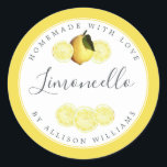 Custom Homemade Limoncello Label Bright Yellow<br><div class="desc">Elegant and modern limoncello sticker label with the text limoncello, homemade with love and your name in chic script calligraphy and modern typography on an illuminating bright yellow background with a stylish touch of pretty watercolor lemon and lemon slices. Simply add your name or business. Exclusively designed for you by...</div>