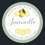Custom Homemade Limoncello Label Laurel Green<br><div class="desc">Elegant and modern limoncello sticker label with the text limoncello, homemade with love and your name in chic script calligraphy and modern typography on a laurel green background with a stylish touch of pretty watercolor lemon and lemon slices. Simply add your name or business. Exclusively designed for you by Happy...</div>