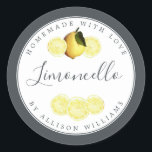 Custom Homemade Limoncello Label Off-Black<br><div class="desc">Elegant and modern limoncello sticker label with the text limoncello, homemade with love and your name in chic script calligraphy and modern typography on an off-black background with a stylish touch of pretty watercolor lemon and lemon slices. Simply add your name or business. Exclusively designed for you by Happy Dolphin...</div>