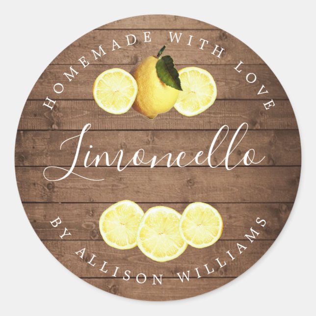 Custom Homemade Limoncello Rustic Wood Classic Round Sticker (Front)