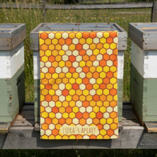 Custom Honeycomb Bright Orange and Golden Beehive Kitchen Towel