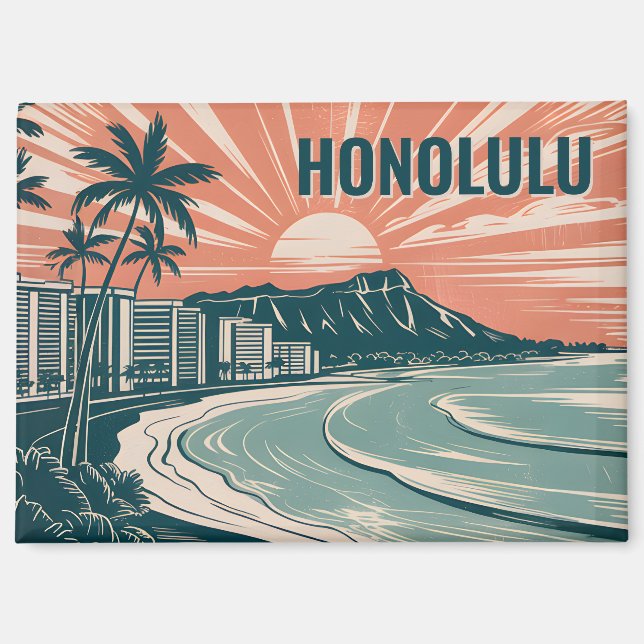 Custom Honolulu Waikiki Diamond Head Scenic Retro Magnet (Front)