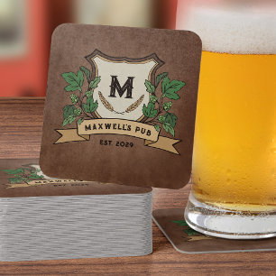 Custom Hops Barley Crest Your Pub Monogram Square Paper Coaster