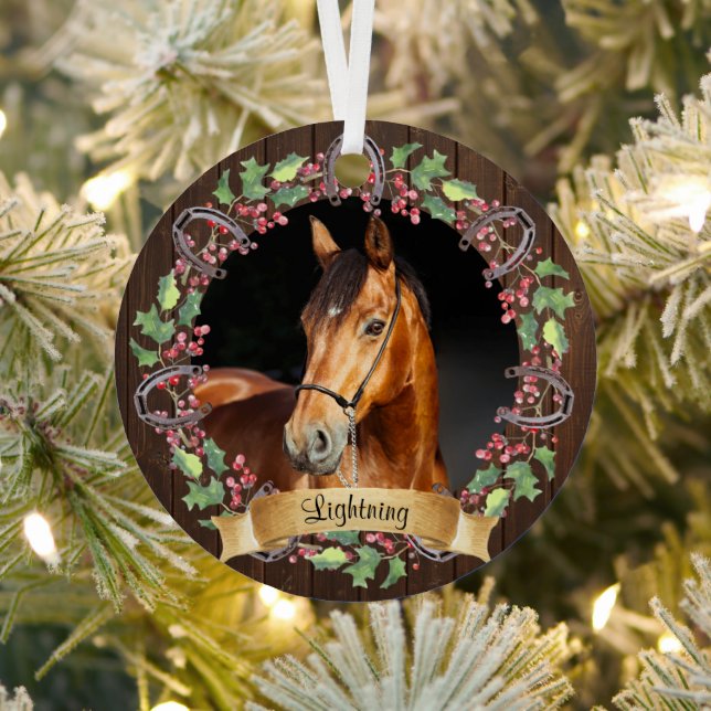 Custom Horse Photo Rustic Christmas Metal Ornament (Insitu)