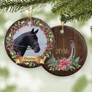 Custom Horse Photo Rustic Wood Christmas Ceramic Ornament