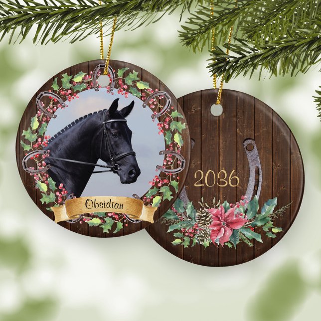 Custom Horse Photo Rustic Wood Christmas Ceramic Ornament (Creator Uploaded)