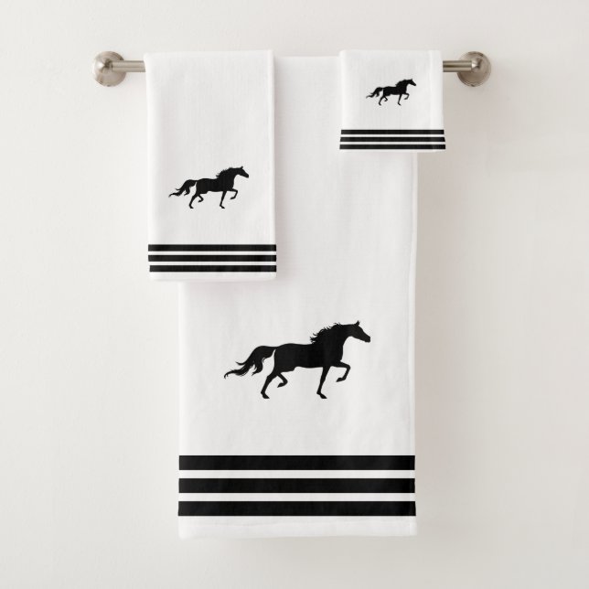 Custom Horse & Three Black Stripes on White Bath Towel Set (Insitu)
