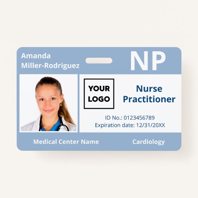 Custom Hospital Employee Logo Light Blue Photo ID Badge (Front)