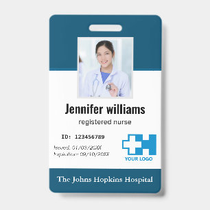Custom Hospital Employee Logo & Photo navy blue ID Badge