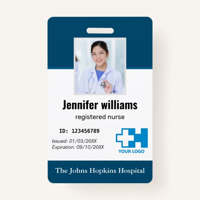 Custom Hospital Employee Logo & Photo navy blue ID Badge (Front)