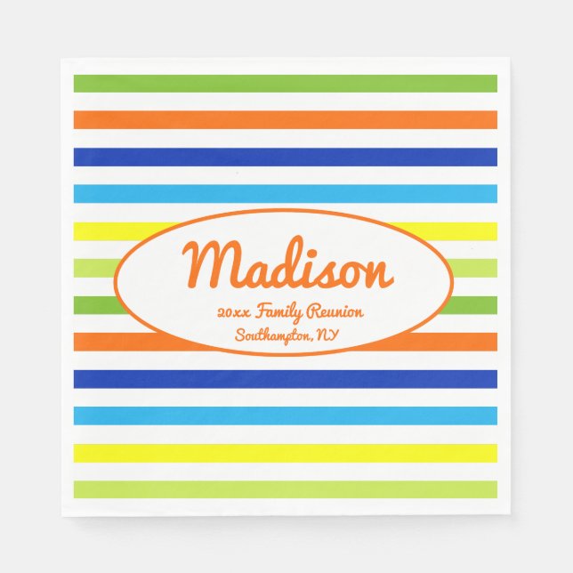 Custom Hot Orange Modern Stripes Family Reunion Napkin (Front)