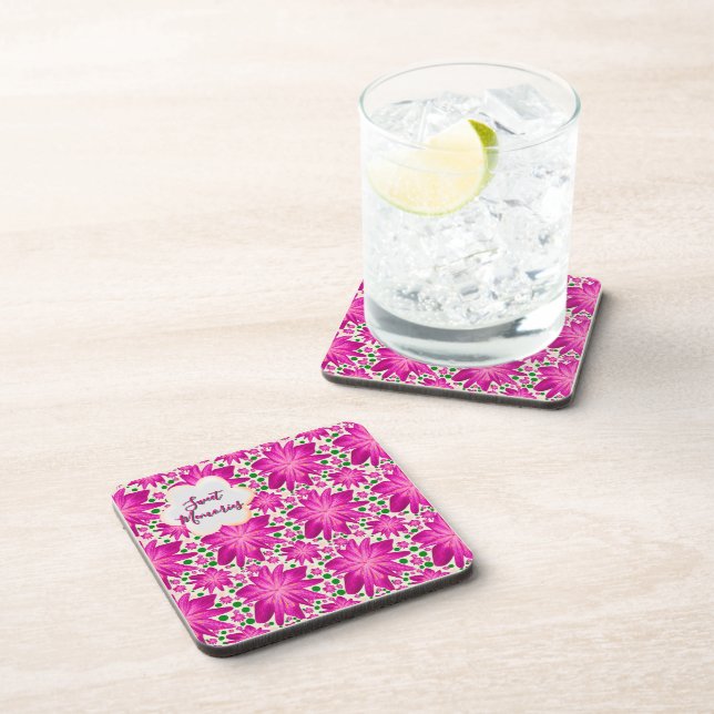 Custom Hot Pink Floral Seamless Pattern  Coaster (Right Side)