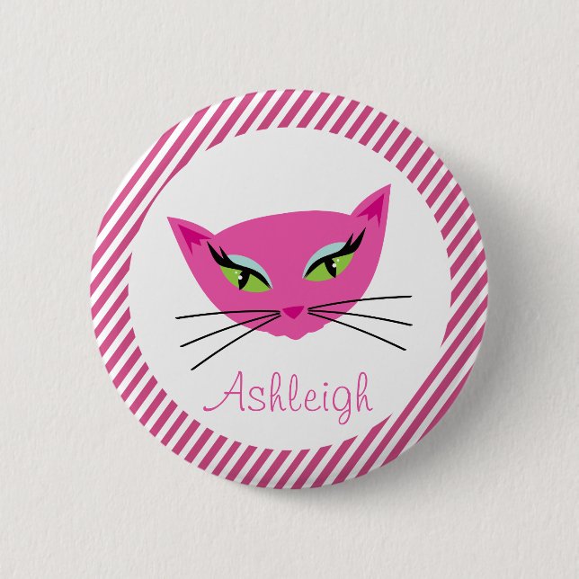 Custom Hot Pink Kitty with Stripes 2 Inch Round Button (Front)