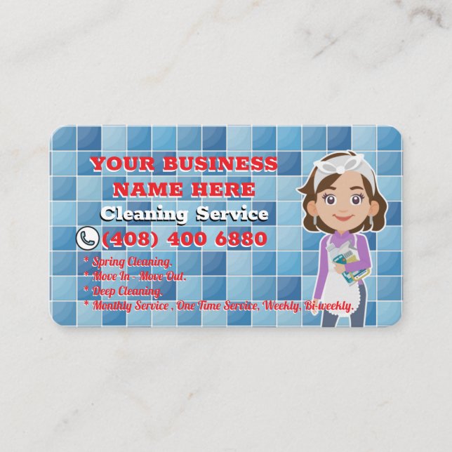 Custom House Cleaning Service Janitor Maid Cartoon Business Card (Front)