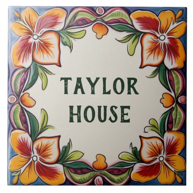 Custom House Name Plate Hawaiian Flowers Floral Tile (Front)