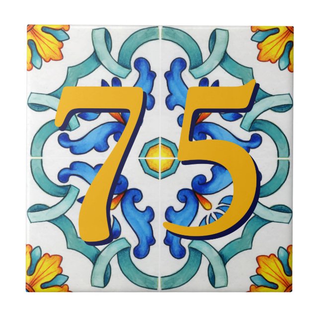 Custom House Number Floral Sicilian Ceramic Tile (Front)