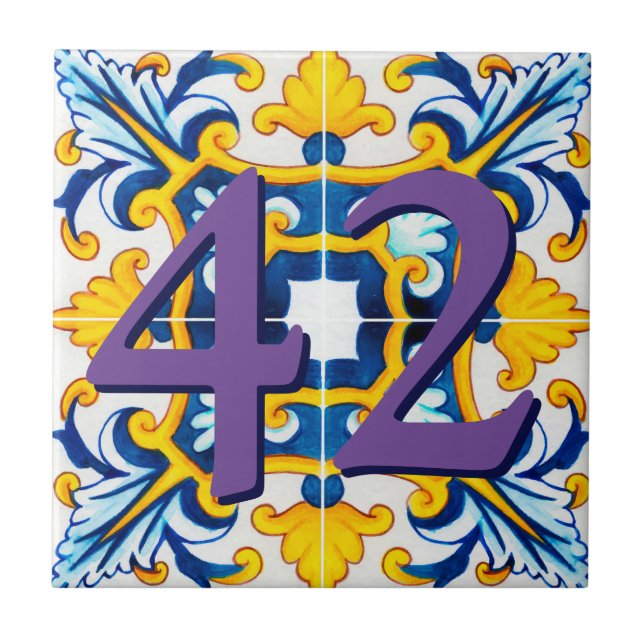 Custom House Number Floral Sicilian Ceramic Tile (Front)
