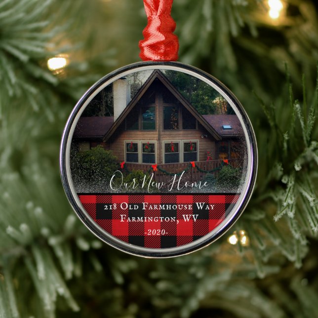 Custom House Photo First Xmas New Home Family Name Metal Ornament (Tree)